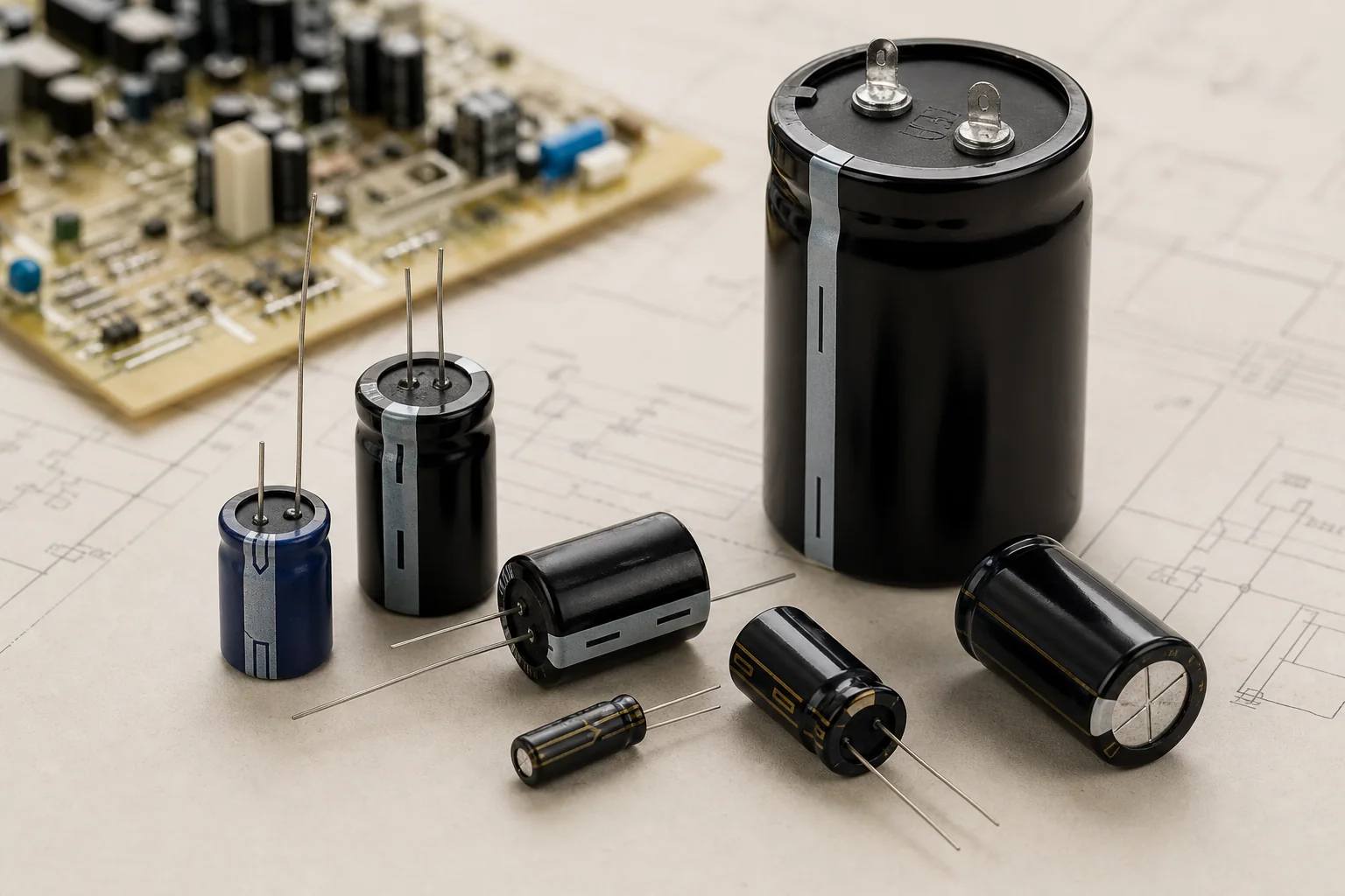 Assortment of electrolytic capacitors on a technical work surface
