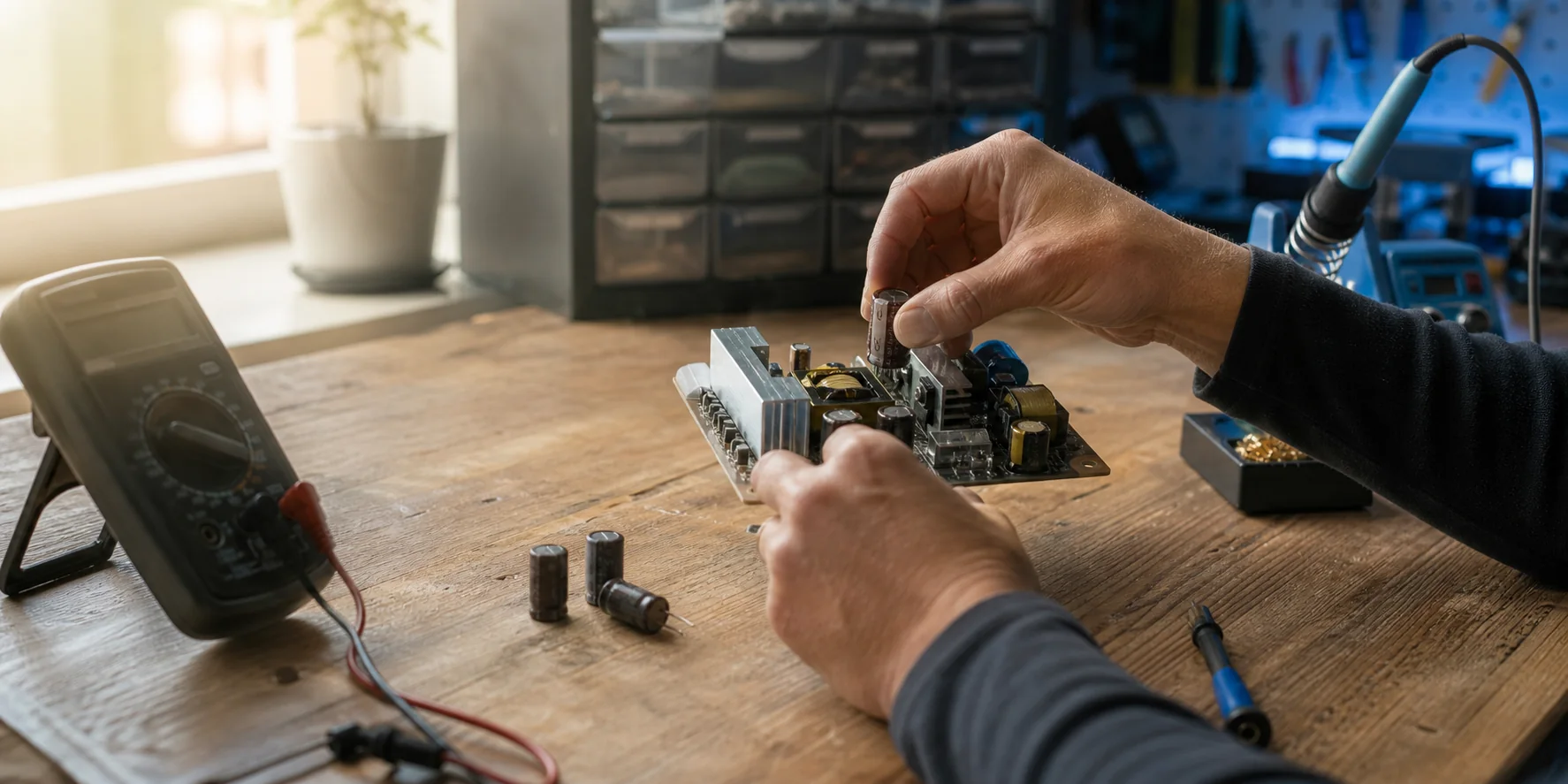 Technician inspecting a power supply board at a warm electronics workbench